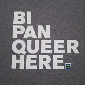 BI PAN QUEER HERE TSHIRT  Size XL Unisex  Brand: HRC.ORG Color Gray and white